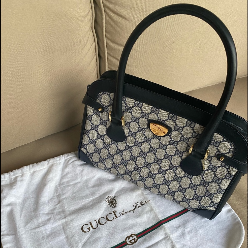 Vintage GUCCI Navy Blue Leather GG Satchel Tote - Picture 13 of 16